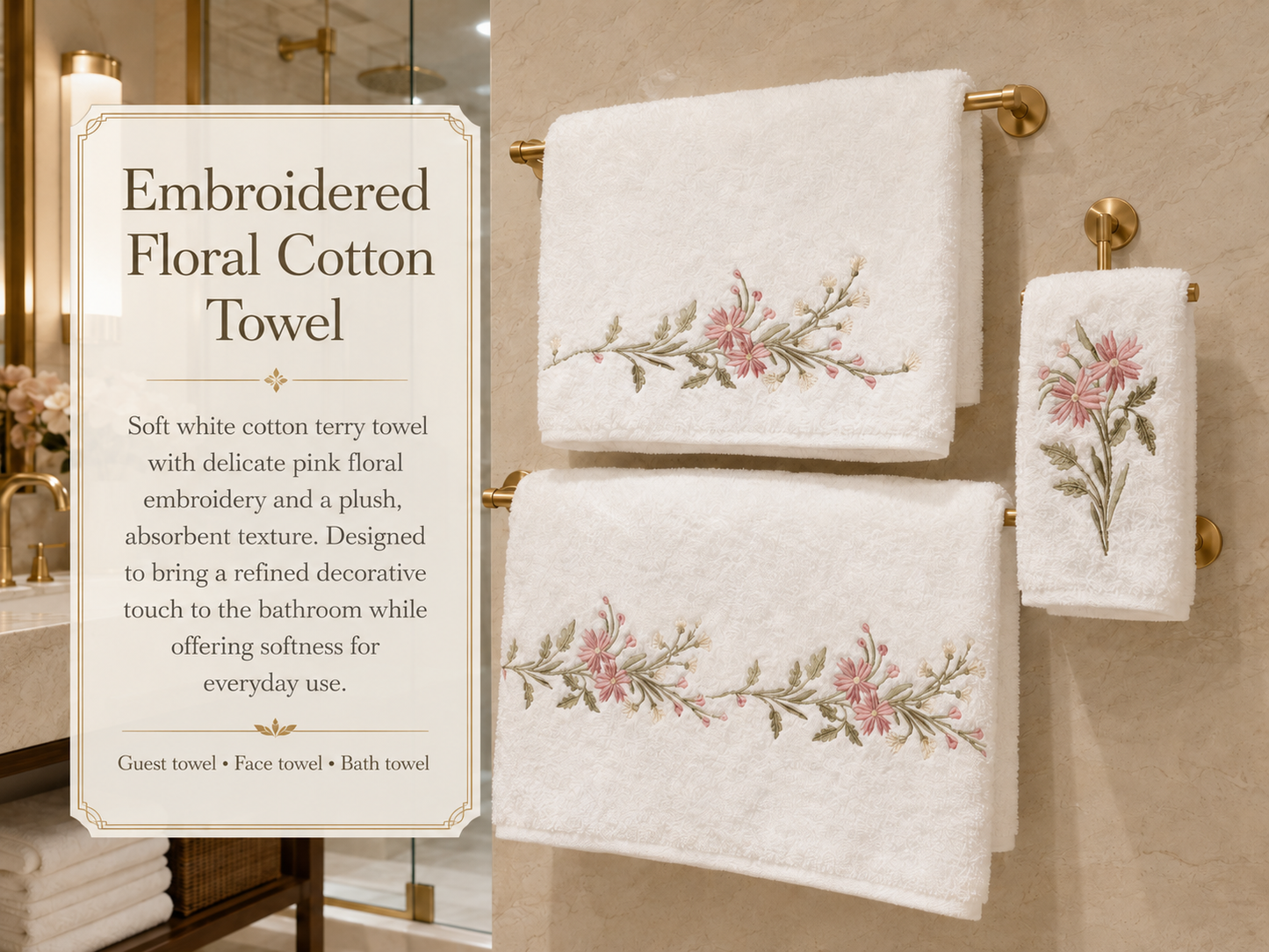Mora - Embroidered Floral Cotton Towel – White & Pink