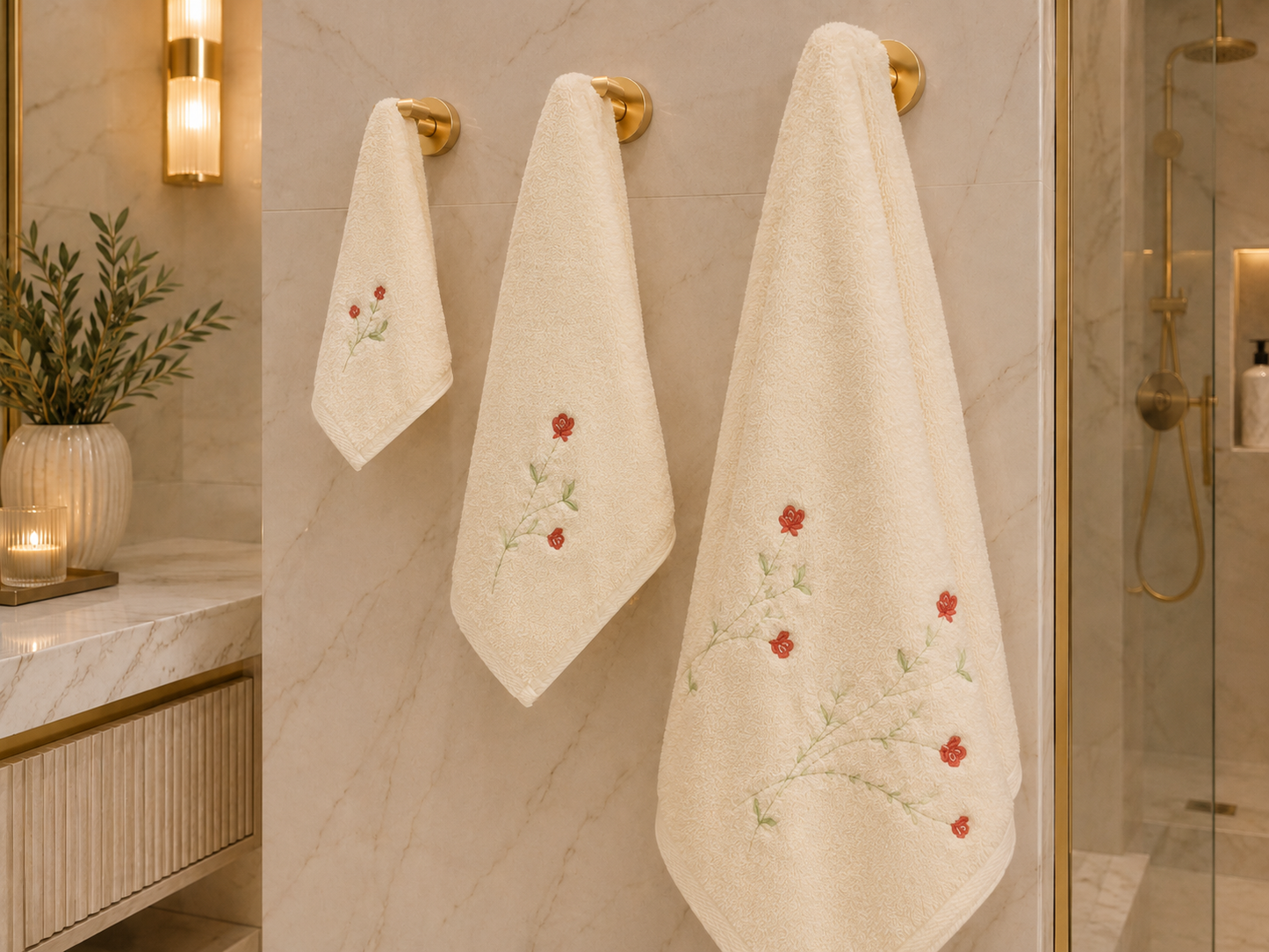 ASHRAK - Embroidered Floral Cotton Towel set – Ivory & Red