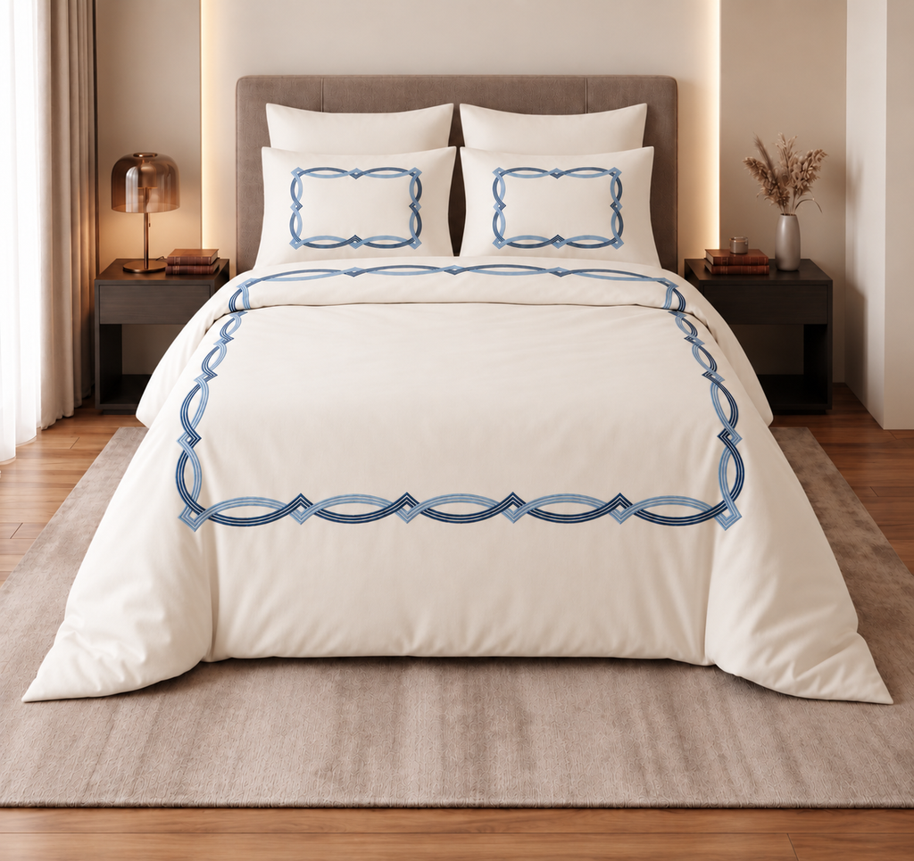 Hamis – 6-Piece Giza Egyptian Cotton Duvet Set – embroidery detail, blue | Hareer x Hareer
