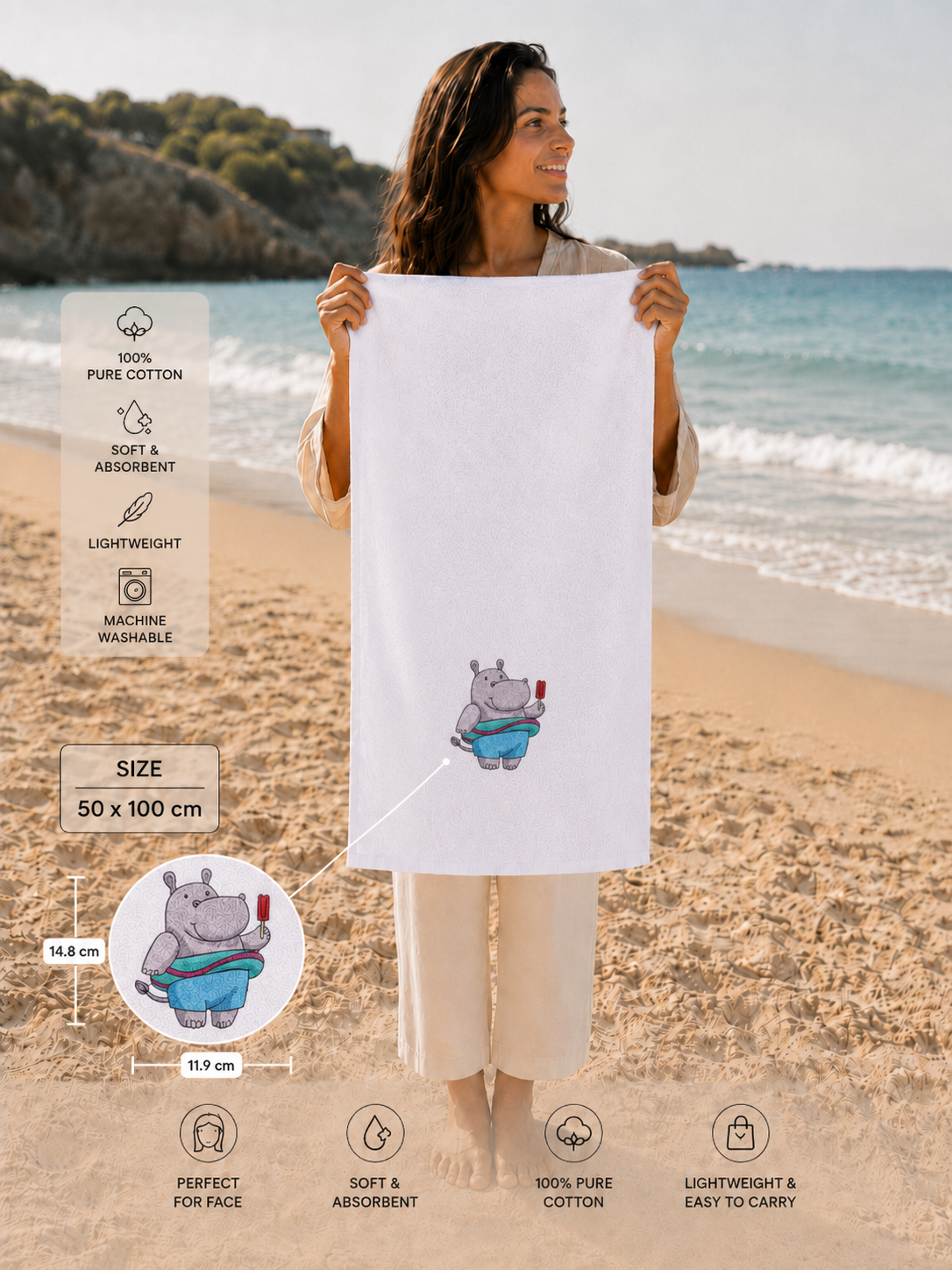 Hippo Splash Kids Face Towel