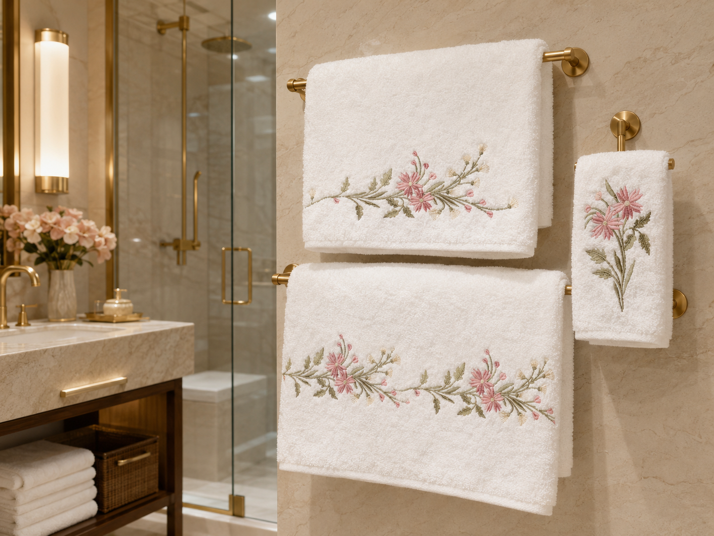 Mora - Embroidered Floral Cotton Towel – White & Pink