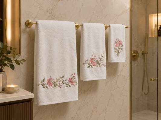 Mora - Embroidered Floral Cotton Towel – White & Pink